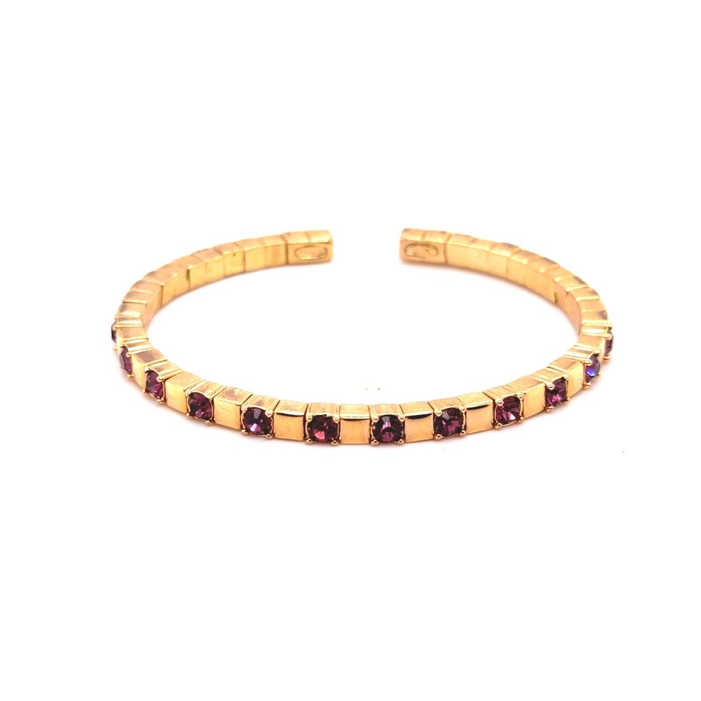 Vintage Joan Rivers Gold Tone Purple Rhinestone Ribbed Cuff Bracelet